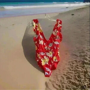 New Catalina Tropical One Piece Red Floral Swimsuit Padded Size 4/6 Small